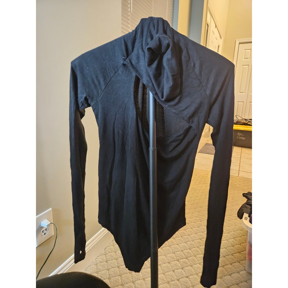 Black Ribbed Knit Turtleneck Bodysuit Long Sleeve Open Back Thumbholes Womens